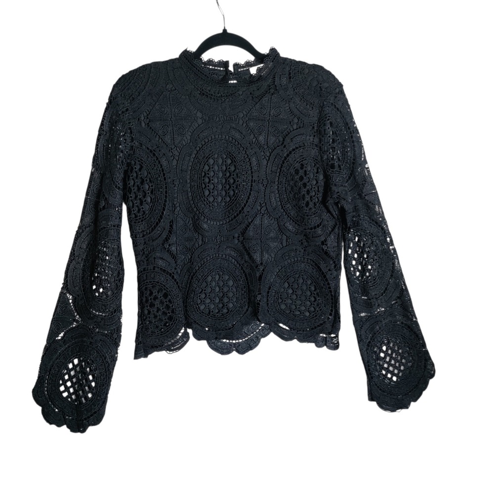 Pinkish‎ Women Black Crochet Lace Mock Neck Long Sleeve Blouse Top Large
